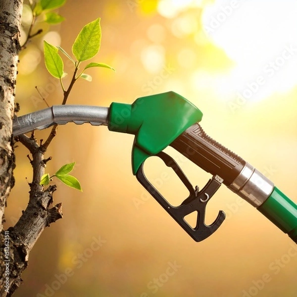 Fototapeta A green fuel pump nozzle inserted into a small tree branch, symbolizing sustainable energy, biofuel, or eco-friendly fuel alternatives.