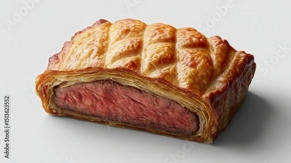 Obraz A Beef Wellington showcasing its golden pastry crust and tender beef center, sliced to reveal the delicate layers