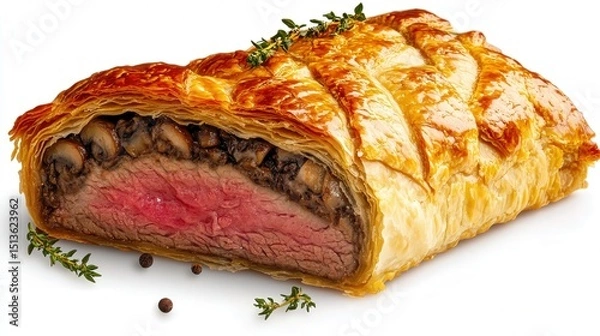 Obraz A Beef Wellington with a crispy pastry shell and tender beef, showing layers of mushroom duxelles inside