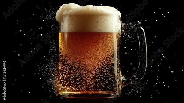 Obraz A beer mug filled with frothy, golden beer and condensation on the sides. The transparent background creates a fresh and inviting visual appeal