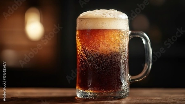 Obraz A beer mug tilted slightly, showing off the beers golden sparkle and frothy foam.