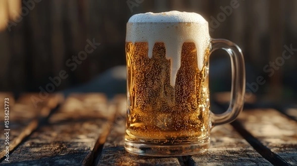Obraz A beer mug tilted slightly, showing off the beers golden sparkle and frothy foam.