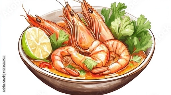 Obraz A bold presentation of Tom Yum Goong featuring fresh shrimp, vibrant herbs, and a tangy broth, isolated on a transparent background