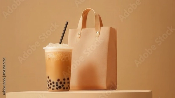 Obraz A branded tote bag sits next to a cup of bubble tea with tapioca pearls, creating a stylish and inviting arrangement