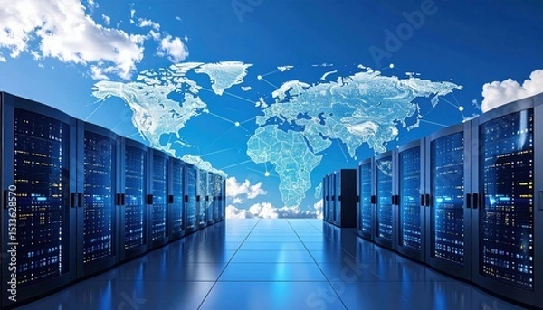Fototapeta Modern data center with server racks and a digital world map, symbolizing global cloud computing and data connectivity.