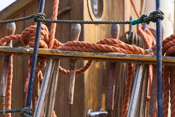 Obraz The marine node on the ship. Strong rope knots in the surroundings of shipboard life