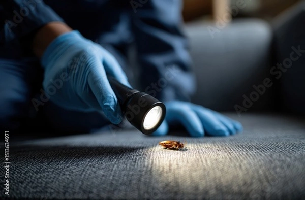 Fototapeta Professional pest control worker using flashlight inspects couch for pests, showcasing attention to detail and safety. scene highlights importance of pest management maintaining clean environment