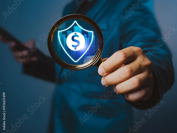 Obraz Businessman holding magnifying glass searching for financial security, secure online payment, digital banking, payment data protection, investment data protection on the internet