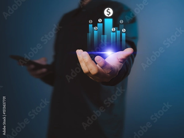 Fototapeta Businessman showing rising financial graph, increasing interest or investment fees, growing business profits, success in the economy.