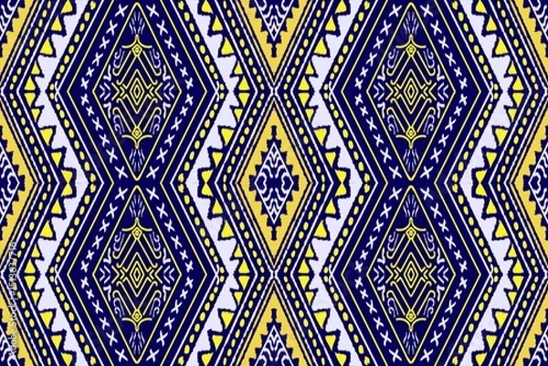 Fototapeta Geometric fabric pattern of triangles connected on blue background design for textile carpet fabric print wallpaper