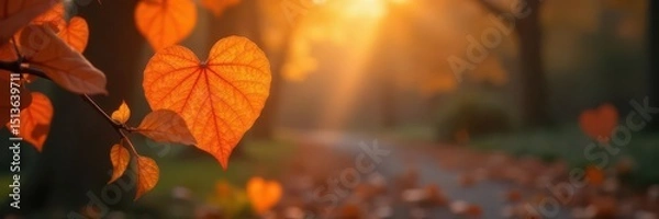 Fototapeta Orange heart-shaped foliage, blurred background, inviting atmosphere, template, glow, orange