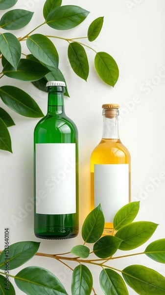 Fototapeta Green and Amber Bottles with Blank Labels Natural Green Leaf Decoration Craft Beverage Mockup Still Life Product