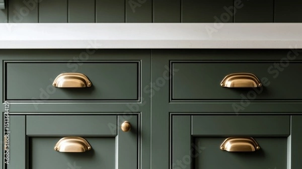 Obraz Elegant dark green kitchen cabinet hardware with brass handles adorning modern cabinetry featuring white countertops and stylish design
