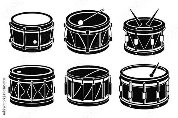 Obraz Set of classic band snare drum silhouette vector illustration on white background.