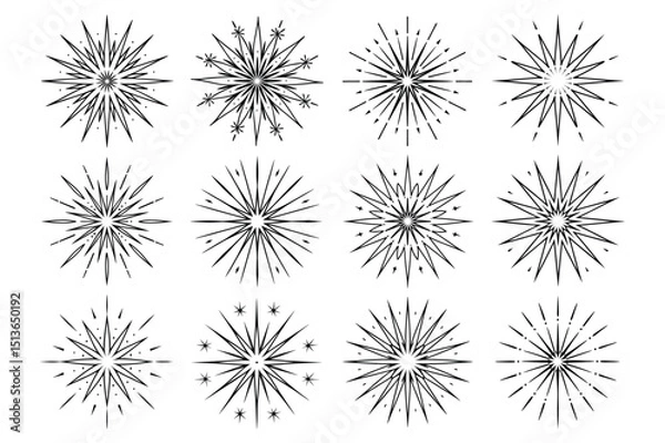 Obraz Set of firework burst line art vector illustration on white background.