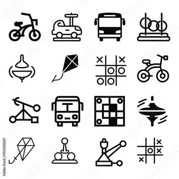 Obraz Set of kid toy likes spinning top motion,car, truck, bus,kite, cross, bicycle icon vector illustration on white background.
