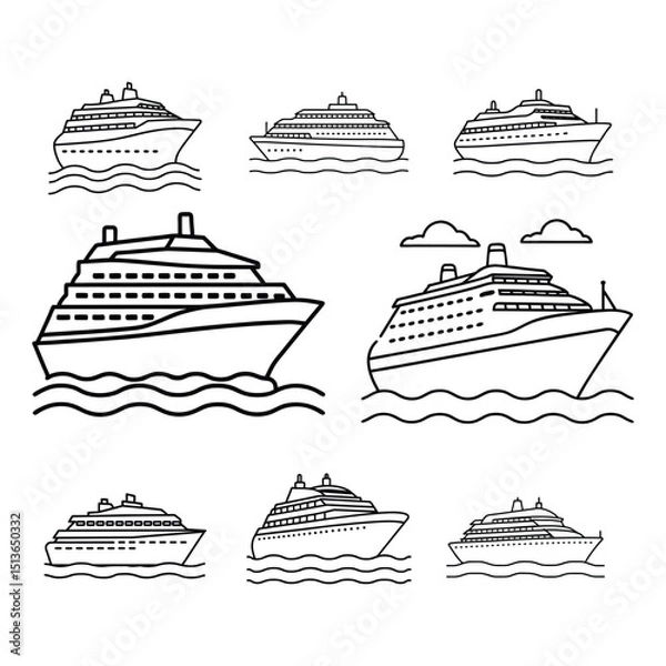Obraz Set of large cruise ship, ship line art vector illustration on white background.