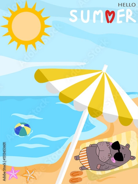 Fototapeta Hippo relaxing on a beach under an umbrella.