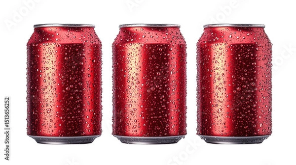 Obraz Three red soda cans with water droplets against a plain background on transparent background