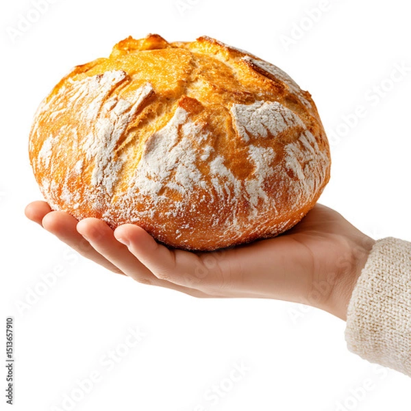 Fototapeta Hand holding bread loaf isolated on transparent background.