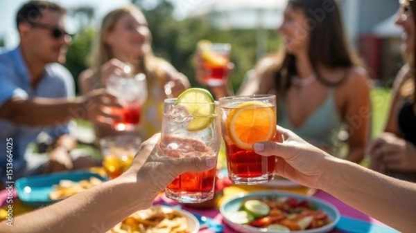 Fototapeta Group of young adults enjoying refreshing summer drinks at outdoor gathering