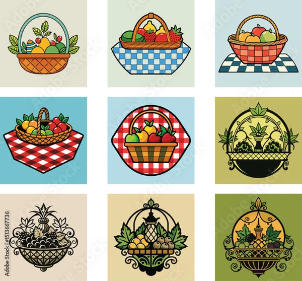 Fototapeta Assorted Fruit Baskets Collection Decorative Fruit Basket Designs Vector Illustration Template
