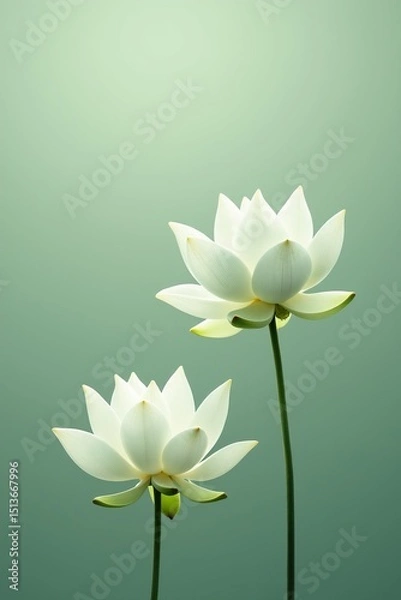 Obraz Two pristine white lotus flowers elegantly rise on slender stems against a soft green backdrop. A symbol of purity and peace