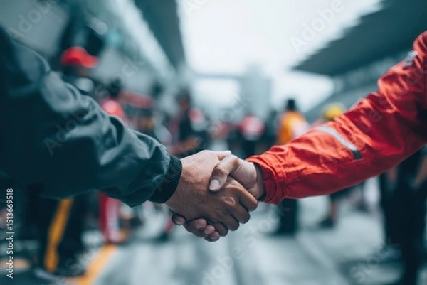 Fototapeta Close-up of Two Race Car Drivers Shaking Hands in Paddock During Event