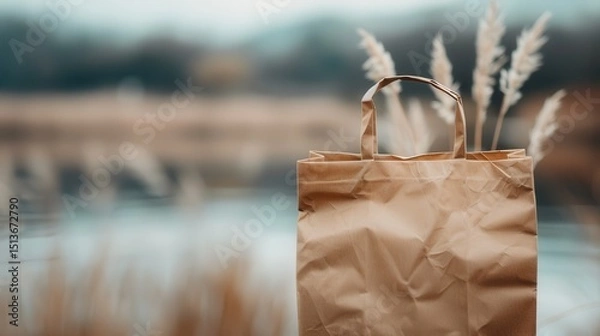 Fototapeta A crinkled brown paper bag stands by the water's edge, highlighting themes of sustainability, waste reduction, and environmental awareness in a beautifully soft-focus background.