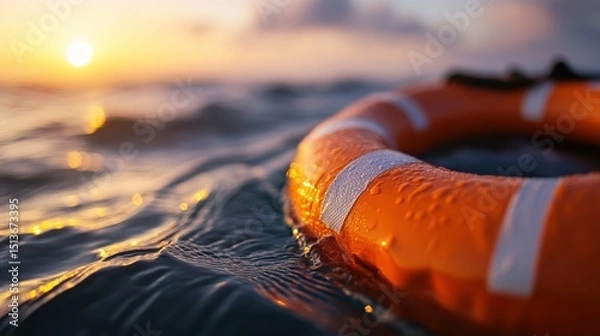 Obraz A vibrant lifebuoy floats on tranquil ocean waters as the sun sets, casting a warm glow over the scene, evoking feelings of safety and adventure in nature's embrace.
