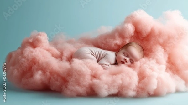 Fototapeta A serene sleeping baby nestled in soft pink cotton clouds, symbolizing innocence and peacefulness, capturing a tender moment of tranquility and warmth in a dreamy environment.