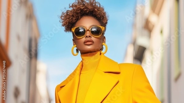 Obraz A stunning model showcases a vibrant yellow coat and chic sunglasses, posing confidently against a stylish urban backdrop, highlighting contemporary fashion trends and bold colors.