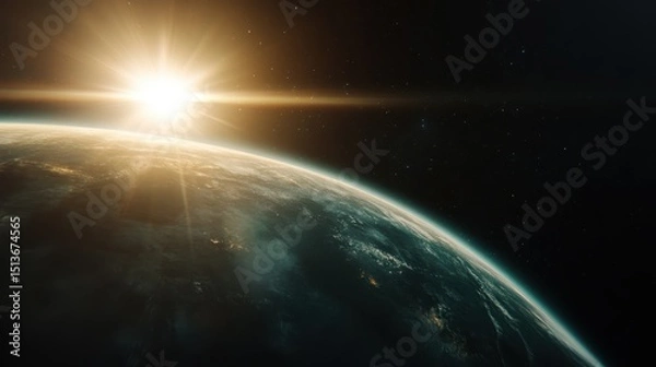 Fototapeta An awe-inspiring view of Earth from space as the sun rises above the horizon, capturing the ethereal beauty of our planet in the cosmic expanse filled with stars and cosmic energy.