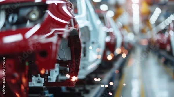 Fototapeta An image depicting the precision and organization of an automobile assembly line, showcasing the intricate processes involved in modern car manufacturing and engineering.