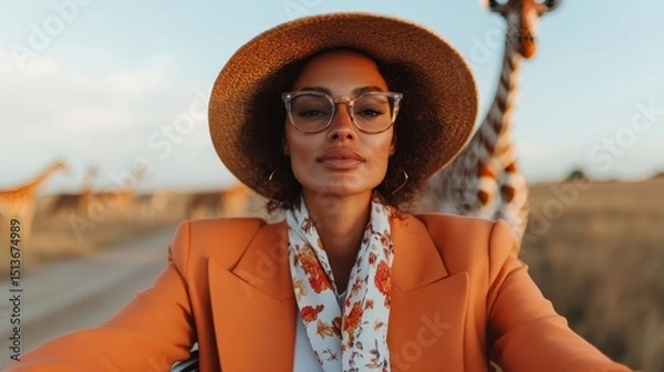 Fototapeta A striking image of a confident woman wearing fashionable attire with giraffes in the background, symbolizing adventure and a connection to nature and wildlife.