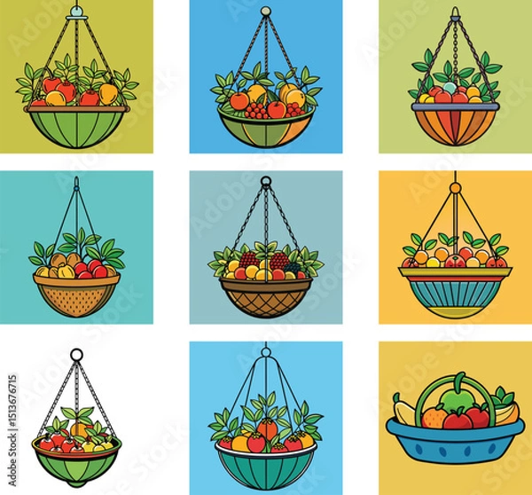 Fototapeta Cartoon Hanging Baskets With Assorted Fruits And Green Leaves Decorative Illustration