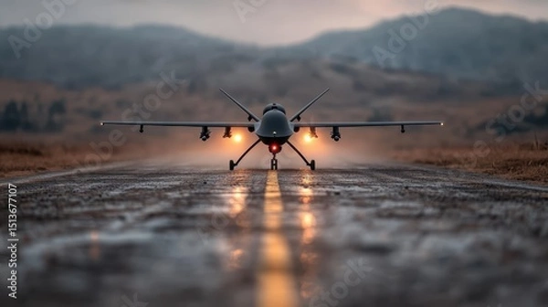 Fototapeta A sleek military drone stands ready for takeoff on a misty runway, showcasing advanced technology and strategic importance in modern aviation and defense applications.