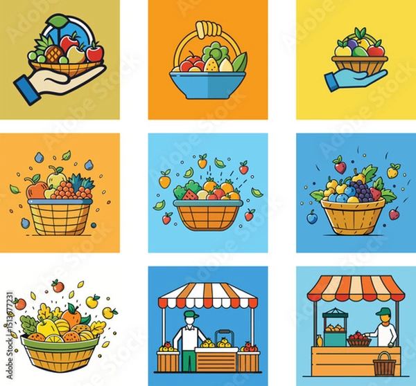 Fototapeta Colorful Fruits In Basket Illustrations Collection Healthy Food Concept Vector Design