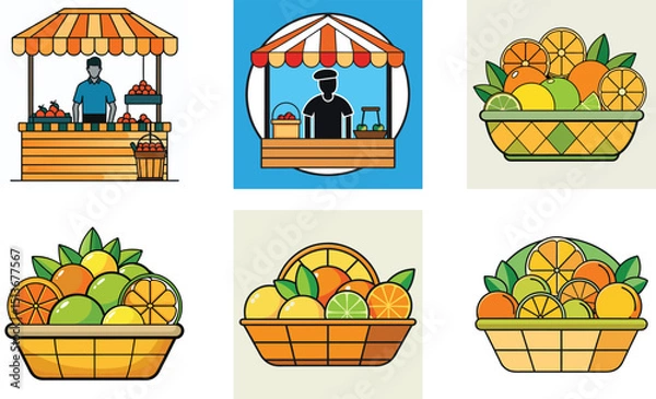 Fototapeta Stylized Fruit Stand And Baskets With Oranges Lemons And Limes Collection