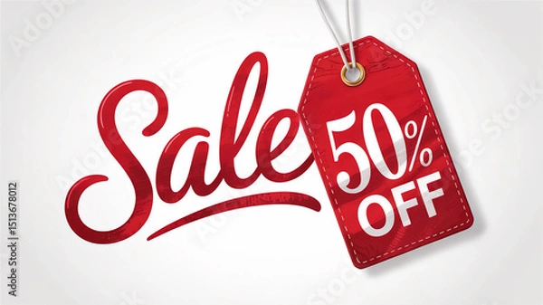 Fototapeta A dynamic visual featuring the word "Sale" in bold red lettering with a 50% off price tag.
