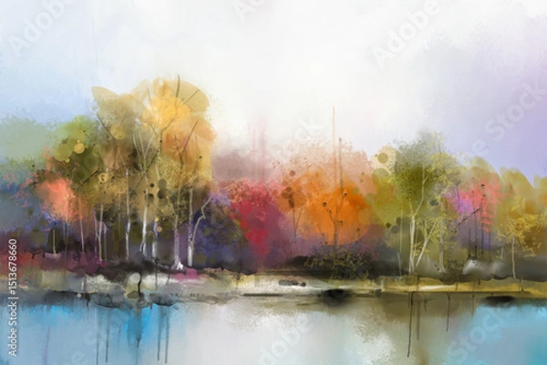 Fototapeta Abstract art, watercolor painting countryside landscape with tree, hill, lake or river and blue sky in nature. Illustration artwork, paint natural scenery on summer, spring season for background.
