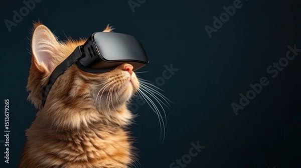 Fototapeta A curious ginger cat dons a sleek VR headset, gazing thoughtfully. This whimsical image combines technology and pet charm, highlighting the fusion of animals and modern innovations.