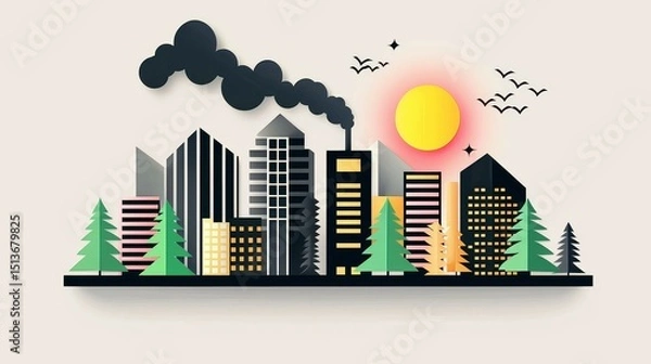 Fototapeta wildfire and  architecture concept. Urban skyline with trees, sun, and smoke, in a modern graphic style.