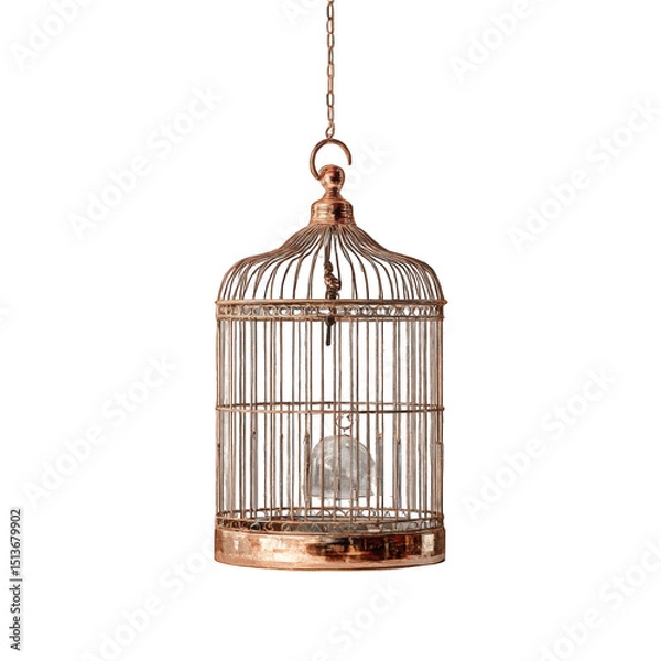 Fototapeta Elegant antique copper birdcage with a crystal orb inside hanging against a studio shot high resolution image perfect for decorative and conceptual designs art life dark home on transparent background