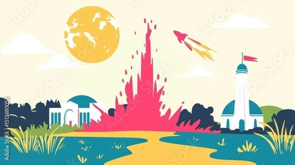 Fototapeta wildfire and  architecture concept. Colorful landscape with fantasy elements and whimsical features.