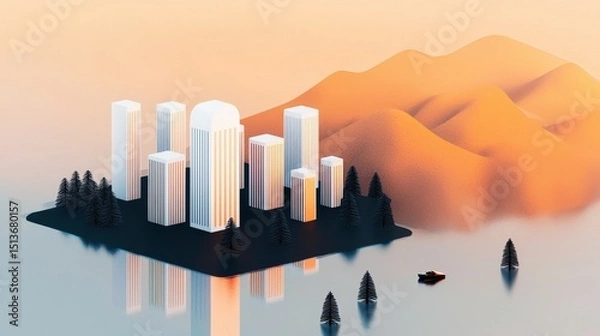Fototapeta wildfire and  architecture concept. A serene cityscape surrounded by mountains and water reflections.