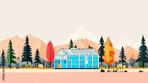 Fototapeta wildfire and  architecture concept. Modern greenhouse surrounded by mountains and colorful trees.