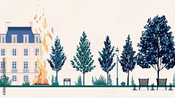 Fototapeta wildfire and  architecture concept. Illustration of a park with trees and a stylized flame beside a building.