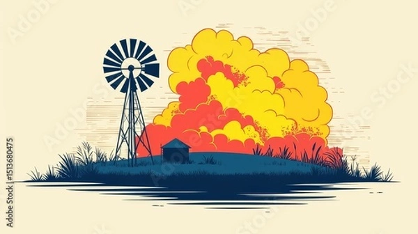 Fototapeta wildfire and  architecture concept. Illustration of a windmill with colorful clouds and landscape.