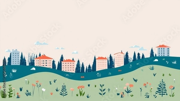 Fototapeta wildfire and  architecture concept. Illustration of buildings and nature in a whimsical landscape.